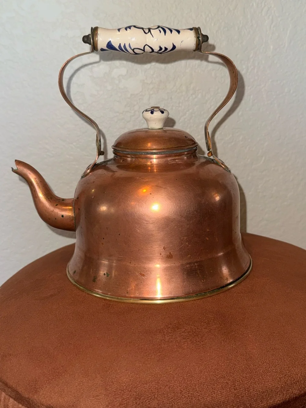 Vintage Copper and Brass Hand Painted Tea Kettle Made in Portugal